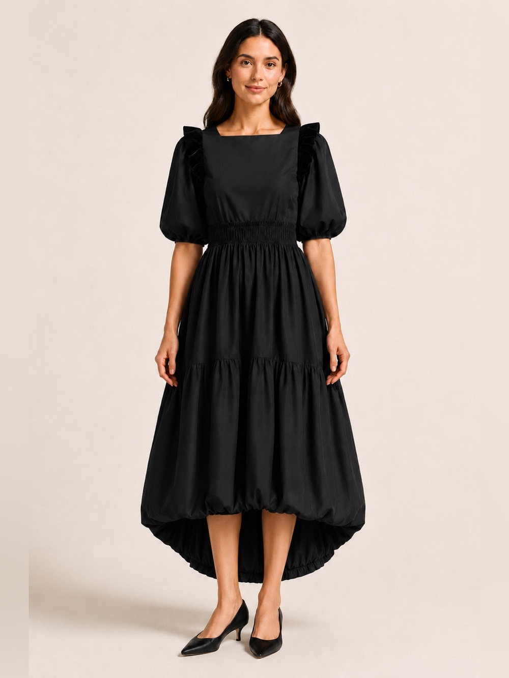 Emily McCarthy Black Puff Sleeve Smocked Waist High Low Maxi Dress XS
